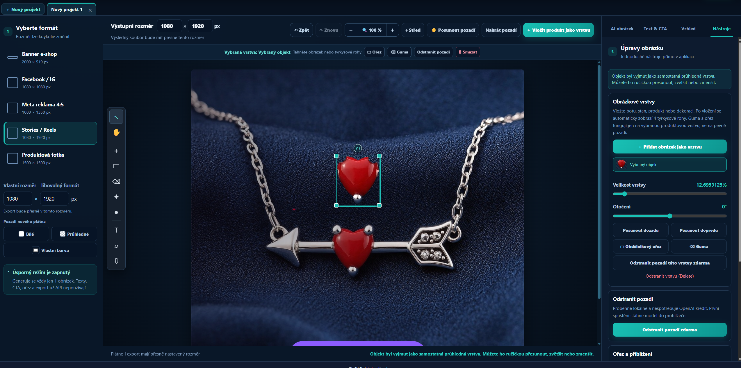 Náhled rozhraní AI Banner Studia s editorem obrázku a nástroji